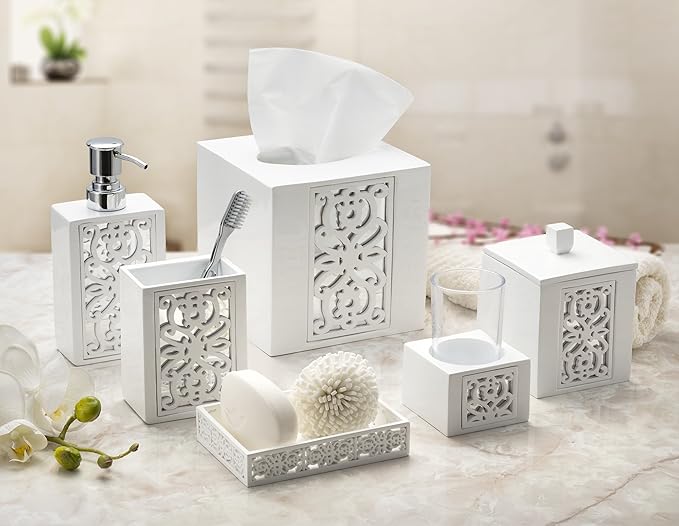 Creative Scents Mirror Janette White Bathroom Accessories Set - Decorative 4 Piece Bathroom Set - Mirrored Bathroom Accessory Set Includes: Soap Dispenser, Toothbrush Holder, Tumbler and Soap Dish