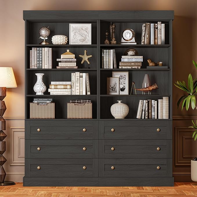 71" Tall Farmhouse Kitchen Pantry, Large Storage Cabinet with Adjustable Shelves, 3 Drawer, Wood Versatile Hutch Cabinet for Dining Room, Living Room, Black 2 PCS