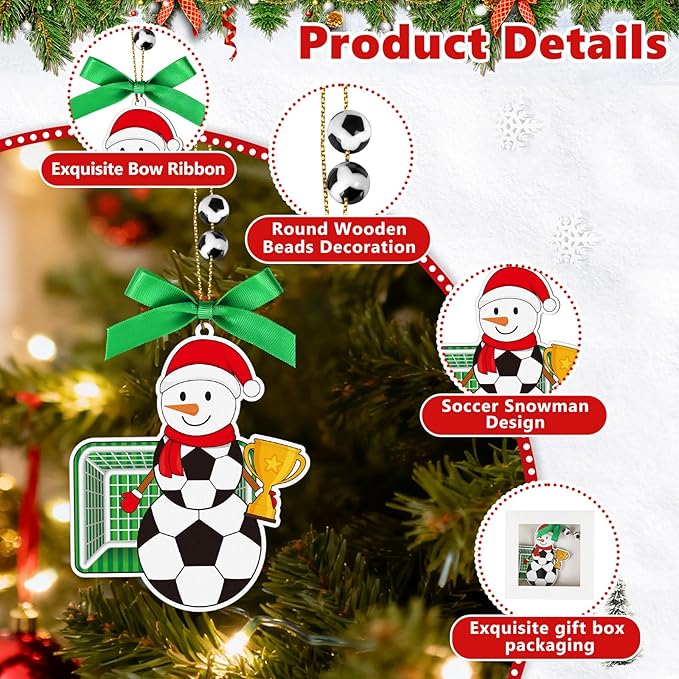 4.3 Inches Snowman Soccer Christmas Ornament, Wooden Soccer Snowman Tree Ornament Hanging Decoration for Rearview Mirror, Window, Eaves, Fireplace and Home Holiday Party Decor