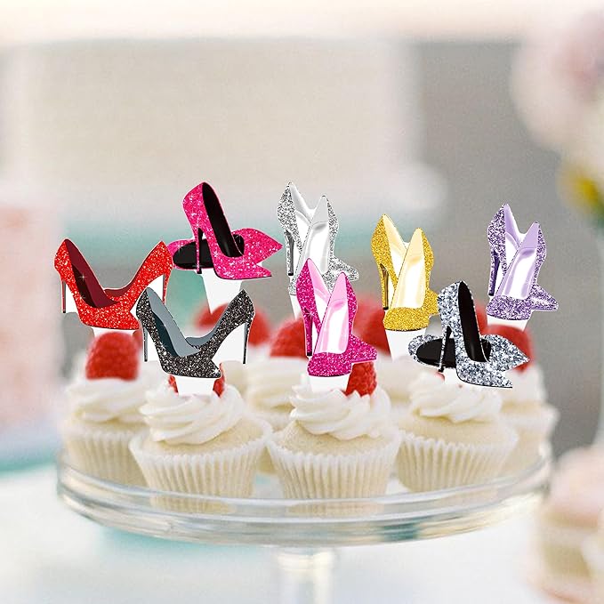 High Heels Cupcake Toppers 48Pcs High Heel Cake Decorations Colorful Stiletto Shoes Birthday Party Decorations Makeup Cupcake Picks for Queen Bachelorette Bridal Shower Supplies