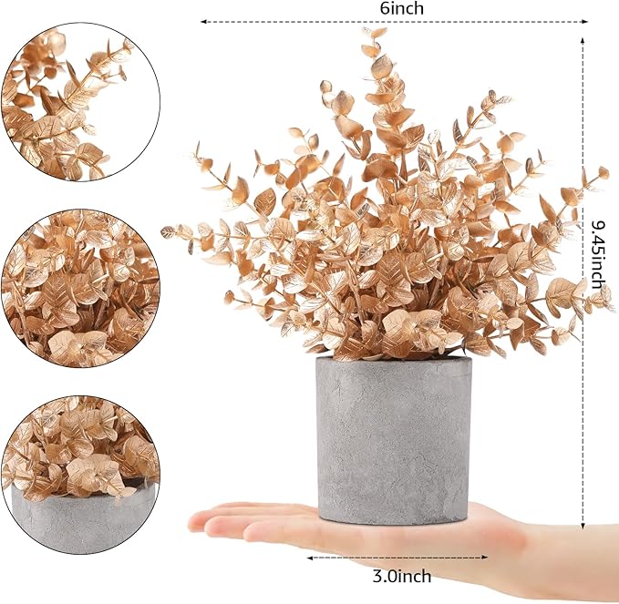 Coferset 2 Pack Gold Eucalyptus Small Fake Plants Potted Artificial Plants for Christmas Decorations Shelf Desk Home Farmhouse Room Coffee Table Bathroom Decor