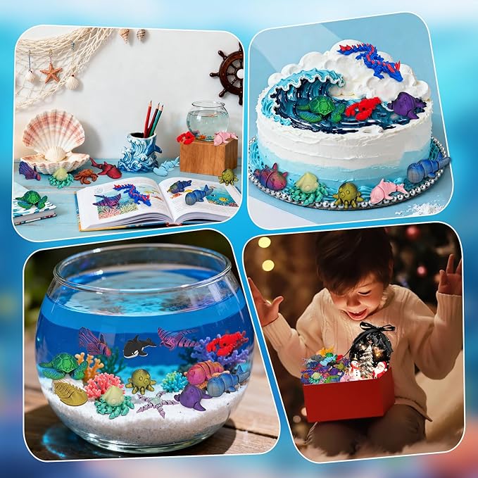 26Pcs 3D Printed Ocean Animals Set, Mini Animals 3D Printed Toys, Ocean Animal Figurines Toys, Fidget Articulated Flexible Toy for Party Favors Birthday Gifts Office Desktop Christmas Decoration