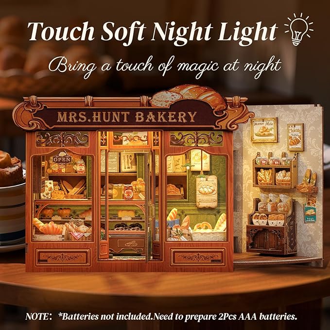 Cutefun Book Nook Kit - DIY Miniature Bread Shop Booknook Kits for Adults and Teens, 3D Wooden Puzzle Bookend Bookshelf with LED Light, Gifts for Family and Friends (Mrs.Hunt Bakery)