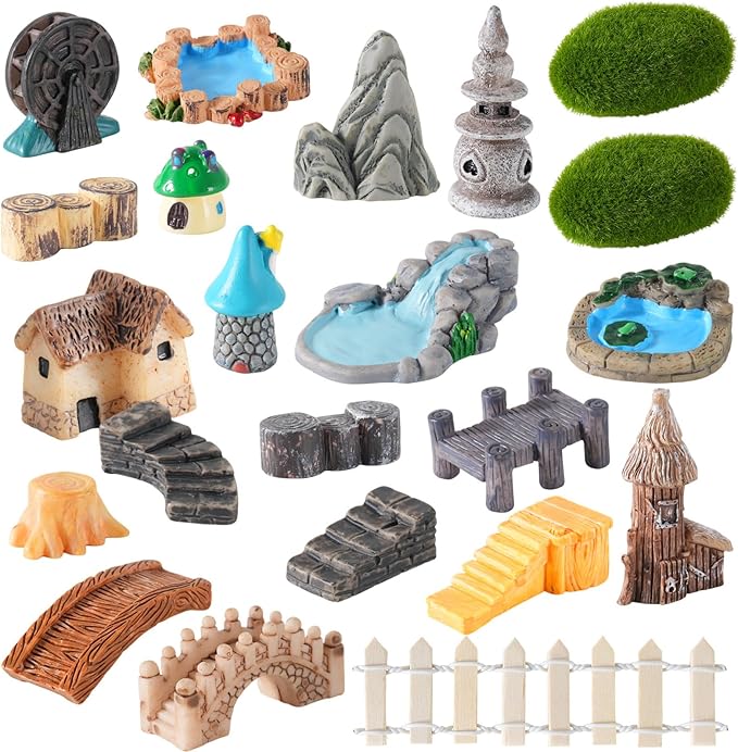 22 Pcs Mini Fairy Garden Accessories - Multicolor Resin, Plastic, Stone - Miniature-Garden-Accessories - Modern Fairy Theme - Perfect for DIY Crafts, Weddings, Birthdays