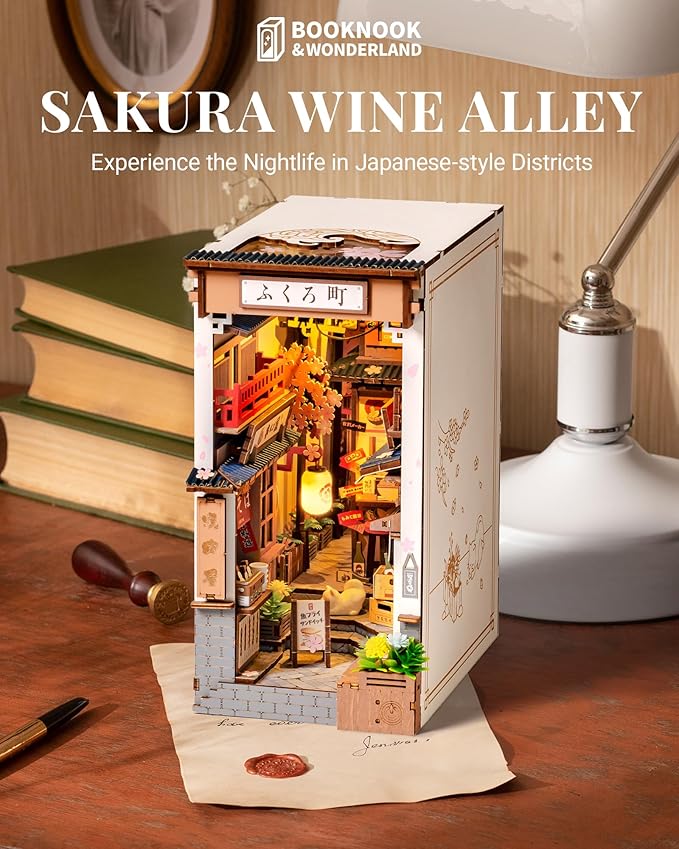 ROBOTIME Book Nook Kit DIY Miniature House Kit for Adults 3D Wooden Puzzle Bookends Bookshelf Diorama Insert Dollhouse Creative Decorative Unique Gifts for Teens and Beginners (Sakura Wine Alley)