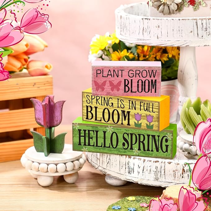 Moucuny 4 Pcs Spring Table Decorations Tulip Flower Wooden Signs Spring Tiered Tray Decor Wooden Tulip Block Signs Pastel Flower Table Centerpieces Decor for Home Kitchen Shelf Office