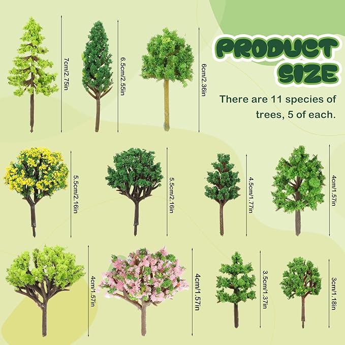 56 Pcs Diorama Trees Kit Include 55 Pcs Plastic Model Trees for Crafts 1 Piece 7.9in-11.8in Green Lawn Decorative Mini Fake Miniature Tree Materials for Scenery Architecture DIY Craft