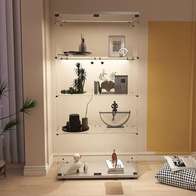 Display Cabinet with Glass Doors, 4-Tier Curio Cabinet with LED Lights for Collectibles (2700K-6000K), Glass Display Case with Remote Control
