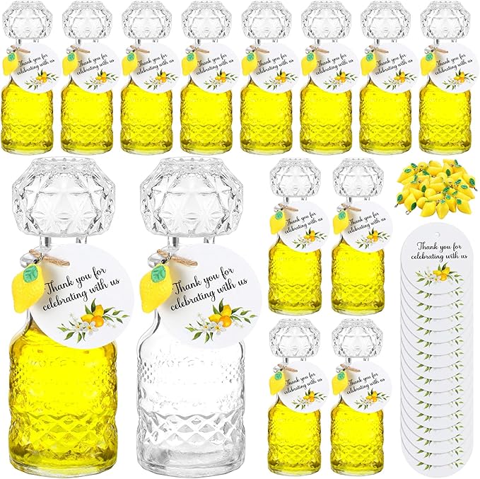 Chuangdi 16 Sets Mini Limoncello Glass Bottles Limoncello Bottles with Labels 1.7 oz Lemon Pendants Lemon Party Favors for Homemade Brewing Wedding Baby Shower Gifts(Delicate)