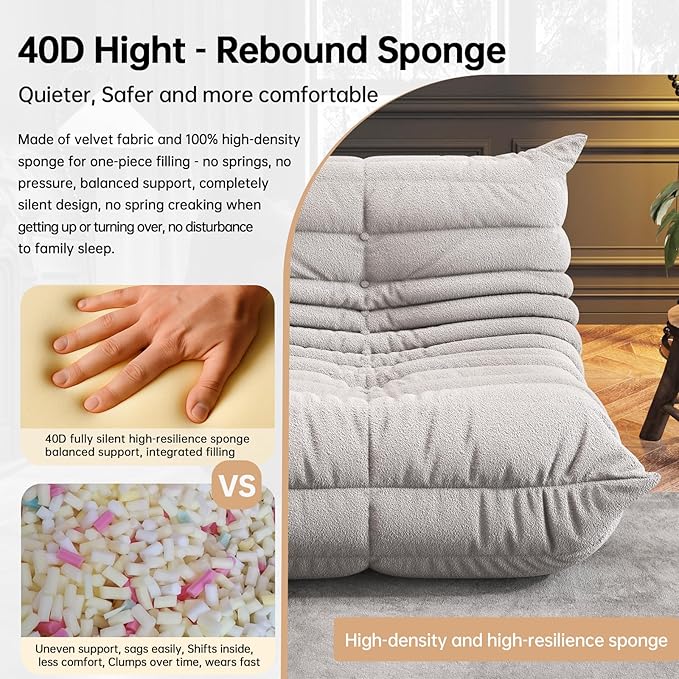 Memory Foam Bean Bag Chair for Adults, Teddy Material Beanbag Sofa with Filler, Cozy Floor Lounge Seat for Living Room, Bedroom, Dorm, Office (Grey)