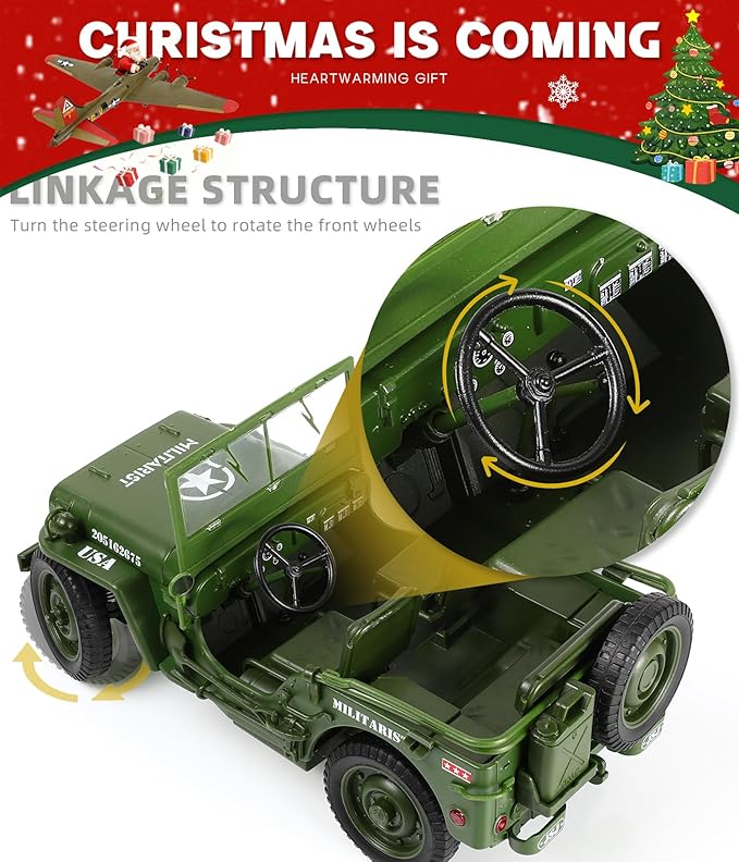 1/18 Scale Military Tactical Jeep Car Model Willys MB U.S. Army Truck Miniature Military Utility Off Road Vehicle Alloy Metal Diecast Model for Adults Collection or Gift