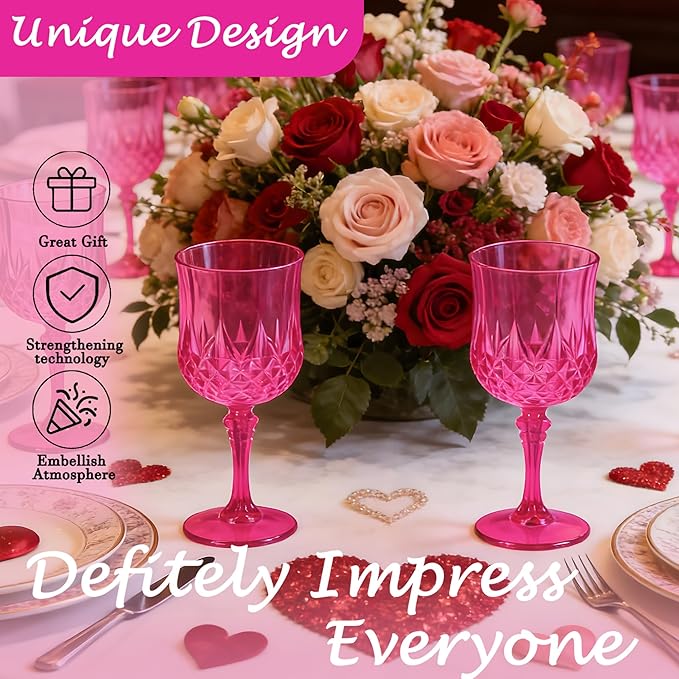 LEYIQU Plastic Wine Glasses, Plastic Goblets Vintage Style Cordial Drinking Glasses for Valentine’s Day, Wedding Reception, Grand Event Party Supplies (48, Hot Pink)