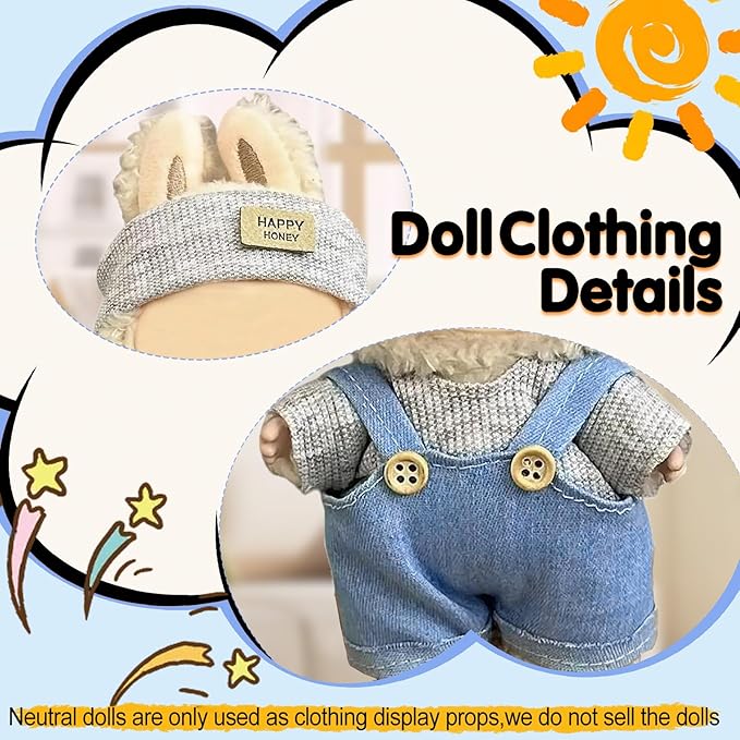 17cm Doll Clothes(NO Doll), Cute Dolls Outfit Accessories with Hat + Sweater + Suspenders Pants, Small Kawaii Clothes Set for Dolls(Style 5)