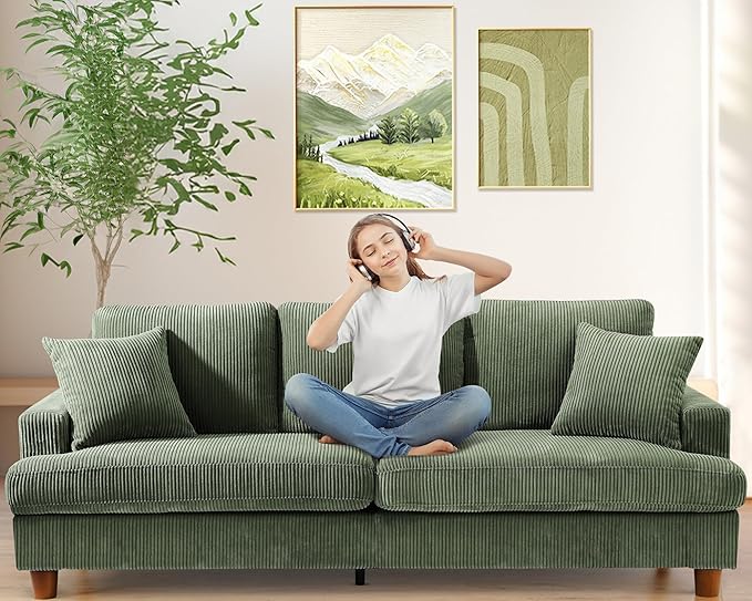 87in Corduroy Couch, Kidirect Sofa No Tool Assembly, Comfy Couches for Living Room 21in Deeper Seats, Corduroy Sofas for Living Room with 2 Pillows, Oversized Loveseat Sofa, Boho Love Seat Green Couch