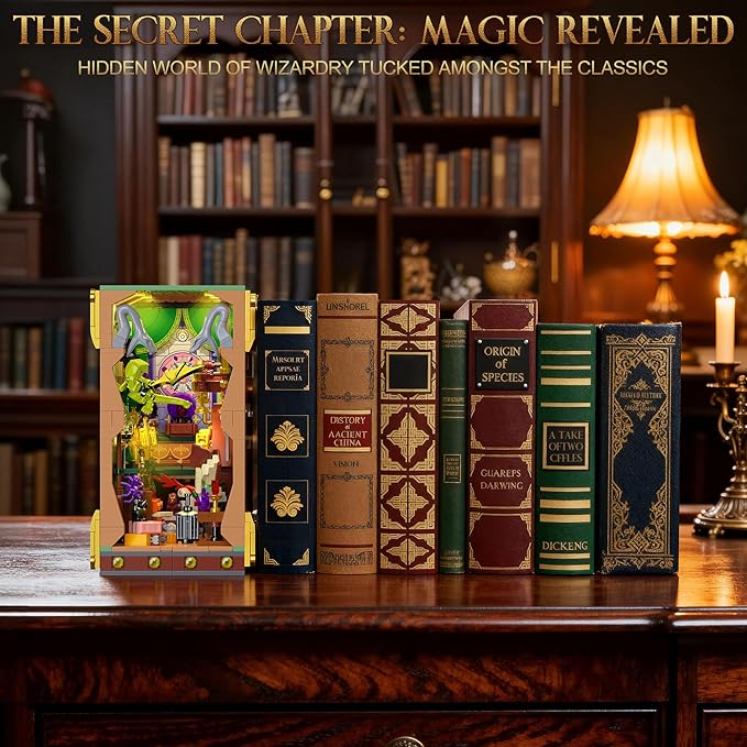 Book Nook Building Kit with LED Lights, 1033 PCS Magic Academy Booknook 3D Miniature House Model for Bookshelf Bookend Home Decor, Christmas for Adults Kids Age 8+