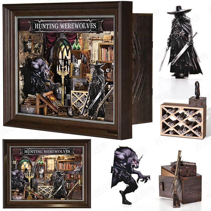 Book Nook Kit-3D Wooden Puzzle with LED Switch Control & Wall-Mountable Frame,DIY Miniature House for Beginners,Bookshelf/Tabletop/Wall Decor for Craft Lovers,Dollhouse Gift,Hunting Werewolves