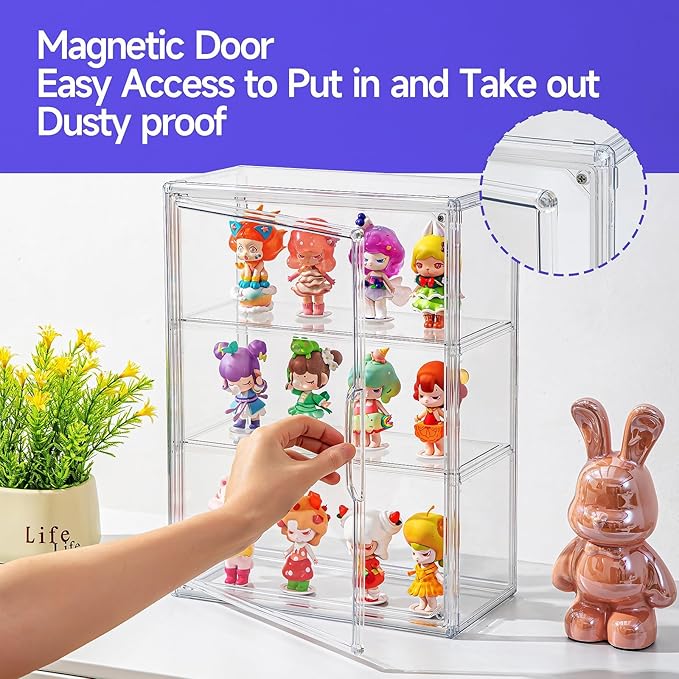 Clear Display Case for Figures with Magnetic Door, Acrylic Display Cases for Collectibles, 3Tiers Acrylic Storage Organizers Box, Desktop or Wall-Mounted Showcase for Collectibles Action Figure (1)