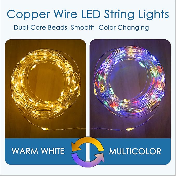 Battery Powered Silver Copper Wire LED String Lights - Remote Control, Color Changing Warm White/Multicolor, for Bedroom, Wedding, Party, Christmas Tree Decor (200LEDs)