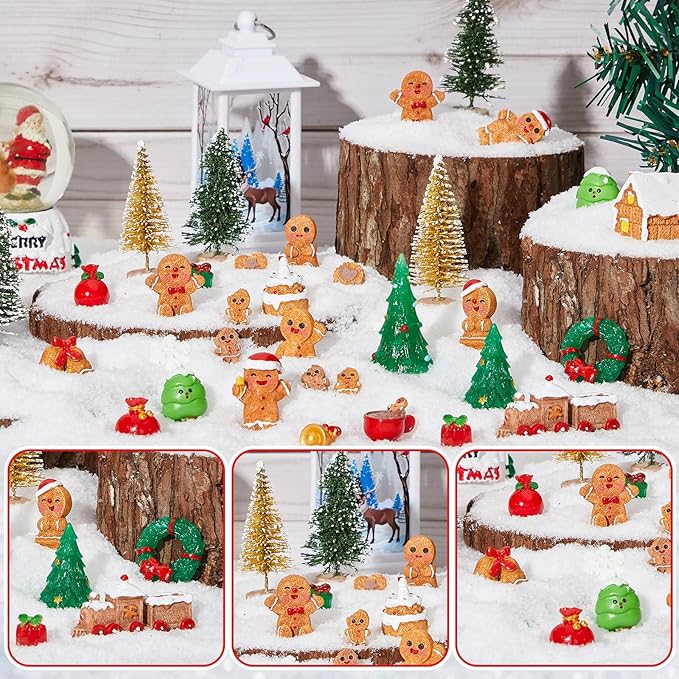 Sawysine 64 Pcs Christmas Miniatures Figurines Santa Xmas Garden Miniature Ornaments Kit Snowman Fairy Resin Ornaments Pine Tree for Garden Accessories(Gingerbread Man)