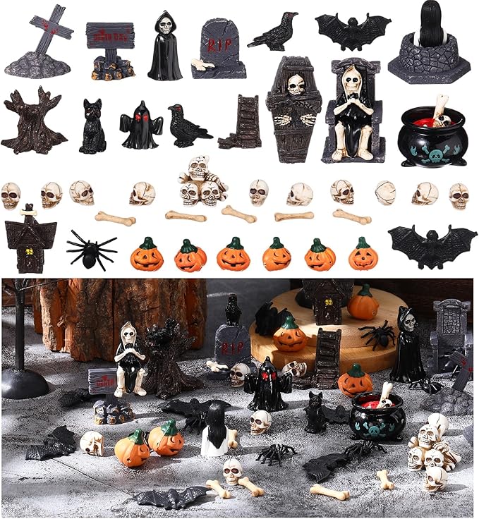 58 Pcs Halloween Mini Figurines Set, Plastic Mini Resin Halloween Miniature Landscape Ornaments Decorations for Dollhouse Accessories Garden Village Collections (Bat)