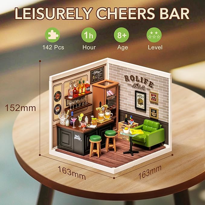 Rolife DIY Miniature Plastic House Building Set Toys Playset with LED Suitable for Mini Figures Construction Toys Diorama Kit Gifts for Teens Adults (Leisurely Cheers Bar)