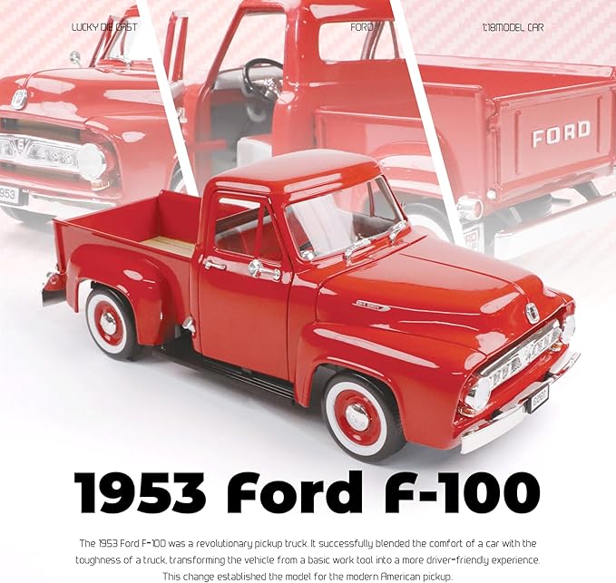 1953 Ford F-100 Pickup Truck 1/18 Scale Die-Cast Metal Model Alloy Collection Cars with Display Case, with Opening Doors, for Kids Men and Teens Dad 14+ Year