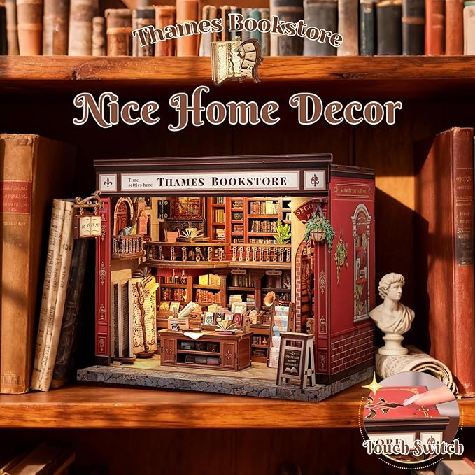 Book Nook Library Kit, DIY Miniature Dollhouse Booknook Kits for Adults Teens, Magic Bookshop 3D Wooden Puzzle Crafts Bookshelf Decor with LED Light, Gift for Family and Friends (Thames Bookstore)