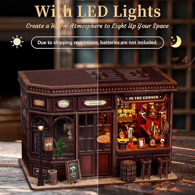 Hallisun DIY Miniature House Kit, Mini 3D Wooden Corner Tavern Building Kit with Furniture and LED, Tiny Diorama Dollhouse Model Set, Handmade House Craft Birthday for Adults Teens