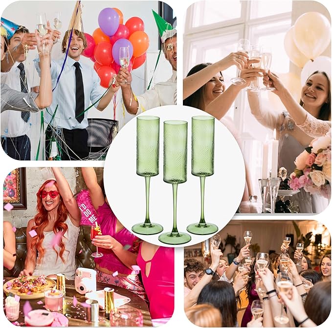 12 Pieces Green Champagne Flutes,6 OZ Twill Pattern Striped Vintage Stem Glasses Stemware Wine Glasses Champagne Long Stem Drinking Colored Glasses Goblets for Wedding Cocktail Cups,Cava, Prosecco