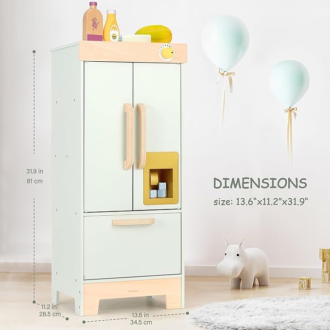 Pillowhale Wooden Play Refrigerator with Ice Maker – Mint Green Kids Fridge Toy, 4 Wooden Ice Cubes & Cup, Quiet Click Handle, Montessori Pretend Play for Toddlers 3+