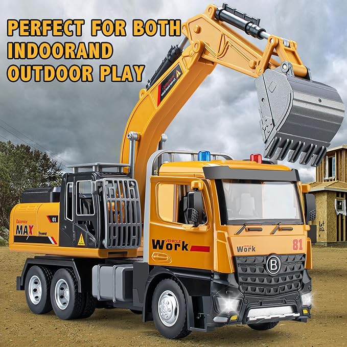 Excavator Toy Metal Cab, Big Digger Toys for Boys with Lights Sounds and Working Movable Parts, Friction Powered Construction Vehicles for Kids (Excavator)