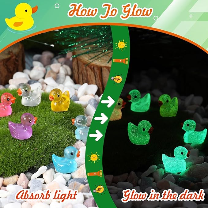 225 Pcs Luminous Mini Resin Ducks Glow in The Dark Tiny Small Ducks Miniature Figurines for Landscape Dollhouse Decor Aquarium Garden DIY Accessories Themed Party Gifts