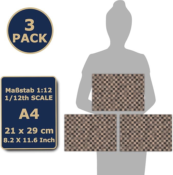 3 Sheets Self-Adhesive Flooring for Dollhouse 1:12 Scale (Wooden Checkerboard Pattern)