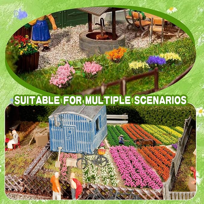 Warmtree 10 Colors, 40 Pcs Miniature Colorful Flower Cluster Self Adhesive Flower Static Grass Tufts for Train Landscape Railroad Scenery Sand Military Layout Model Miniature Bases Diorama Supplies