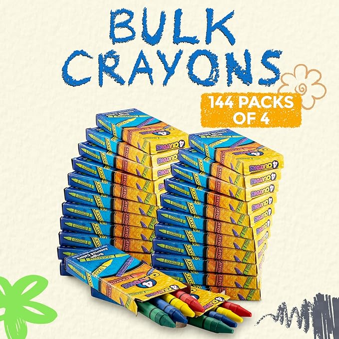 Bedwina Bulk Crayons - 576 Crayons - Case of 144 4-Packs, Premium Colors Bulk School Supplies for Kids and Toddlers Non-Toxic for Party Favors, Restaurants, Goody Bags, Stocking Stuffers