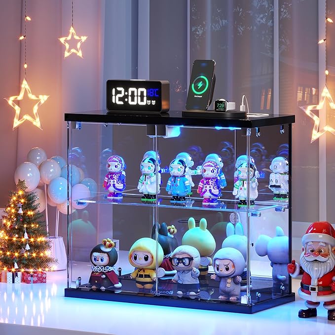 2pcs LED Clear Glass Display Case - for Figures & Collectibles, Small 2-Tier Display Cabinet with Charging Station, Display Box with Lights & Human Sensor, for Model Car, Perfume, Black