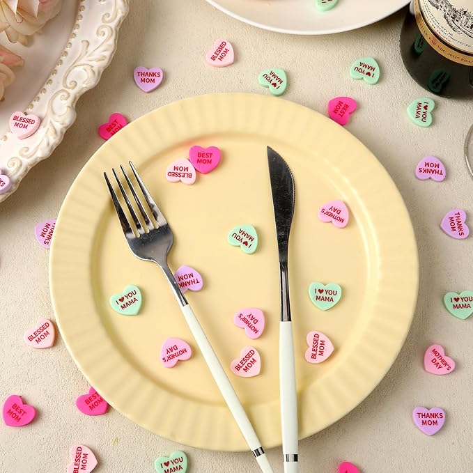 JUNEBRUSHS 120 Pcs Mothers Day Hearts Happy Mother's Day Mini Resin Heart Table Scatter Heart Confetti for Vase Filler Crafts Party Centerpiece Decorations
