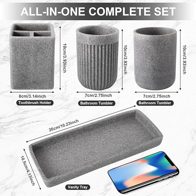 Resin Matte Gray Bathroom Toothbrush Cups Set with Holder and Tray, 4 Pcs Bathroom Accessories Set Counter Organizer for Sink Home Decor