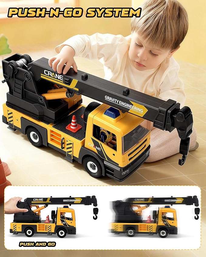 Large Crane Truck Toy with Extendable Crane Arm, Lights & Siren Sounds, Assemble Truck Engineering Vehicle Toy for Boys Girls 3+, Christmas Birthday Gift