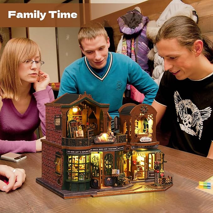 DIY Miniature House Kit, Mini 3D Wooden Books Shop Building Kit, Tiny Dollhouse Kit with Dustproof Cover & Music Movement, Creative Handmade House Craft, Gift for Adults Teens Family Friends