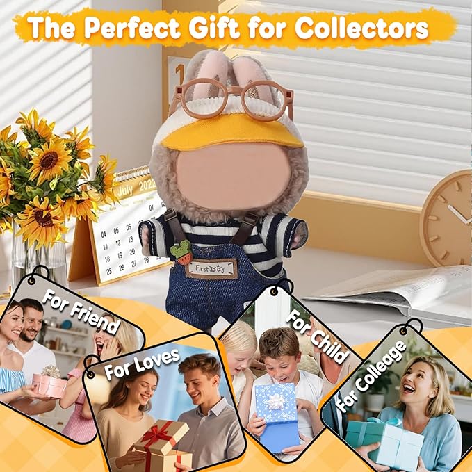 17cm Doll Clothes(NO Doll), Cute Dolls Outfit Accessories with Hat + Glasses + Striped Top + Suspenders Pants + Shoes, Small Kawaii Clothes Set for Dolls(Style 1)