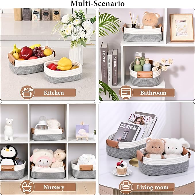 Storage Baskets for Organizing, Small Woven Basket Set of 6 - 4 Shelf Basket with Leather Handle and 2 Small Gift Baskets, Cotton Rope Basket for Shelves, Nursery, Dog Toy, Bathroom