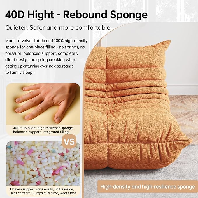 Memory Foam Bean Bag Chair for Adults, Teddy Material Beanbag Sofa with Filler, Cozy Floor Lounge Seat for Living Room, Bedroom, Dorm, Office (Orange)