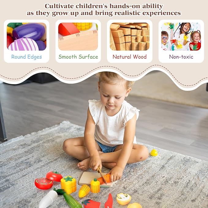 Victostar Magnetic Wooden Cutting Fruits Vegetables Food Play Toy Set with Basket for Kids