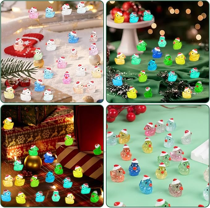 160 Pcs Mini Christmas Glitter Ducks Glow in The Dark Luminous Tiny Resin Ducks Small Duck Figurines for Xmas Tree, Dollhouse Micro Garden Landscape Aquarium Decoration Crafts