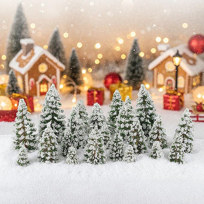 Skylety 35 Pieces Model Trees 1.2-6.3 Inch Mixed Miniature Trees Diorama Supplies Fake Plants Train Scenery Landscape Christmas Village Architecture DIY Crafts(Dark Green,Snowy Cedar)