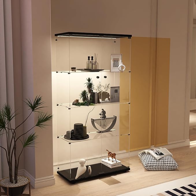 Display Cabinet with Glass Doors, 4-Tier Curio Cabinet with LED Lights for Collectibles (2700K-6000K), Glass Display Case with Remote Control