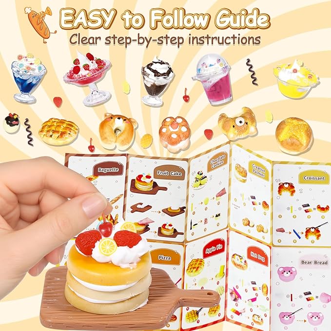 Crelloci Mini Bake Shop DIY Craft Kit, Resin Clay Café Play Set with Counter & Display Rack, Paints, Cream Glue & Molds, Realistic Pretend Bread, Cakes & Drinks, Creative Mini Food Toy for Kids 6+