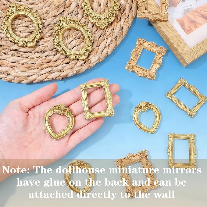 Sibba 12 Pcs Miniature Dollhouse Accessories Vintage Gold Resin Frames Set 1/12 Scale Dollhouse Frames with Carved Details Mini Frame for Wall Hanging Desktop Display Jewelry Showcase DIY Crafts Décor