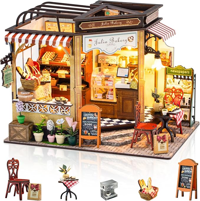 DIY Miniature House Kit, Dollhouse Kit with LED Light, Mini House Building Kits for for Adult to Building, Christmas Home Decorations Gifts for Family and Friends, Bakery